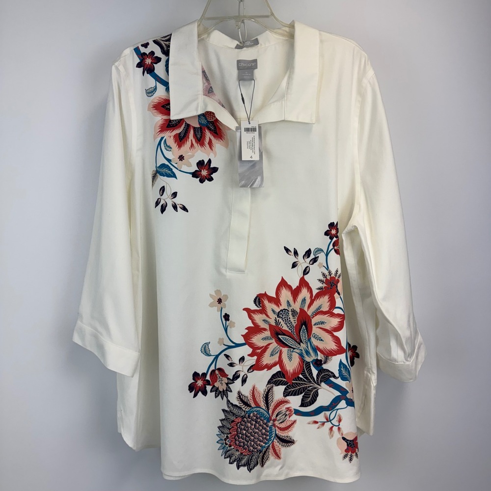 Chicos No-Iron Chic Stretch Floral Tunic Shirt Ivory Red Size 4 US 20 XL/2XL NWT